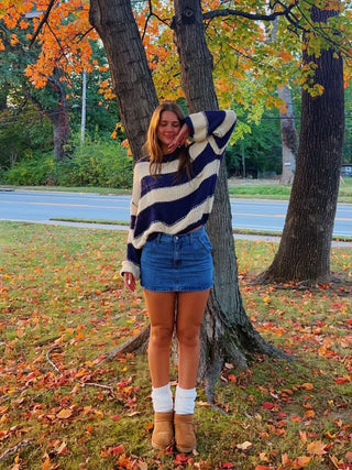 Oversized navy and cream striped sweater for women, cute preppy sweater