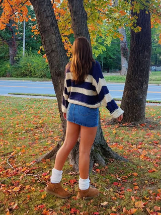 Navy and white striped oversized sweater outfit, cute fall sweater look