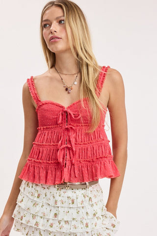 Front view of Primrose Red Ruffle Tie Front Babydoll Top