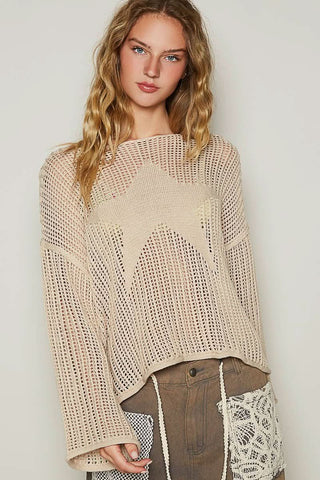 Everly Beige Sheer Star Sweater - Crochet Pullover Front View