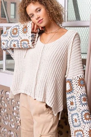 Cameron Beige Crochet Wide Bell Sleeve Sweater - Side View