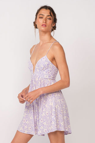 Lucia purple floral corset cami mini dress with plunging neckline - side view