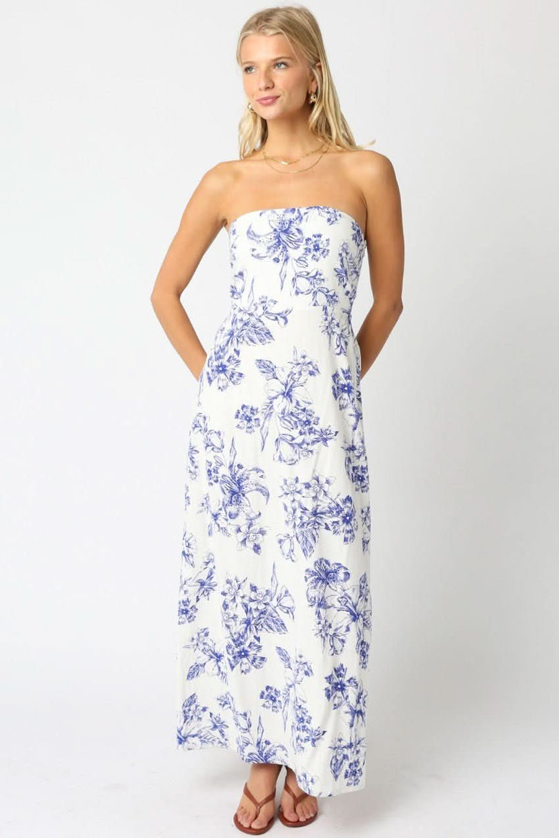 White and Blue Floral Strapless Maxi Dress - Long Strapless Dresses