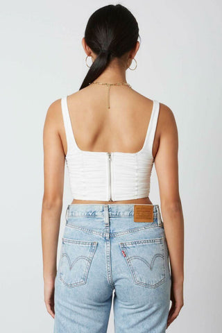 white cropped tank top with mesh overlay and angled hem - back view