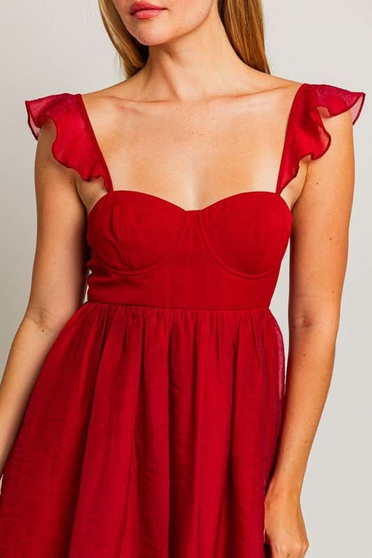 Le Lis Taylor Red Ruffle Strap Mini Dress – Size M, Corset Bodice, Fit & Flare Le Lis Taylor Red Ruffle Strap Mini Dress – Size M, Corset Bodice, Fit & Flare
