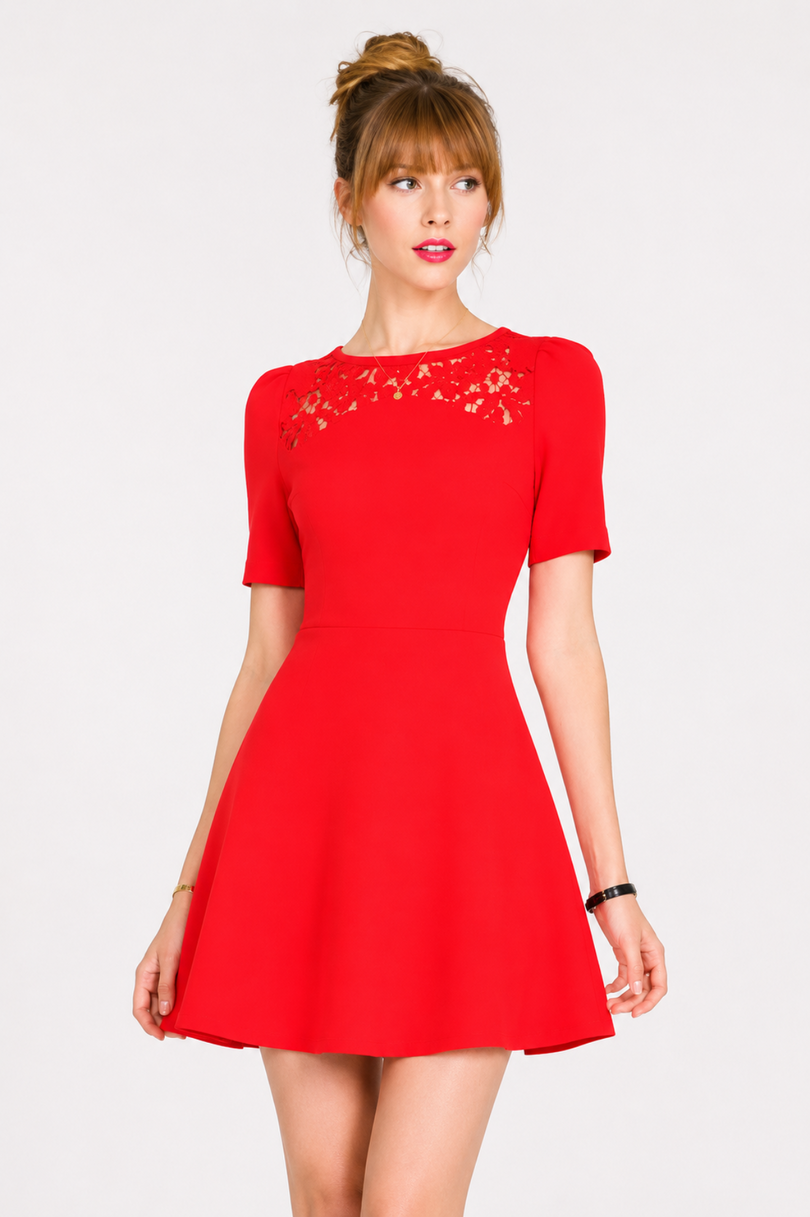 Maggie Red Crochet Trim Skater dress front