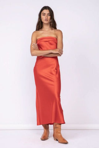 Irene Red Satin Strapless Maxi Dress – Front View 