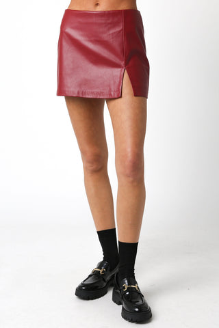 red vegan leather micro mini skort front view with side slit