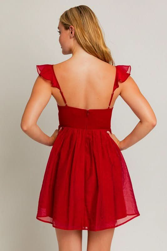 red frilly dresses Le Lis Taylor Red Ruffle Strap Mini Dress – Size M, Corset Bodice, Fit & Flare