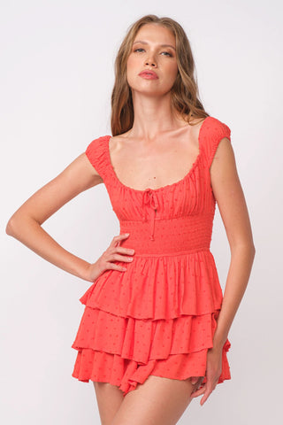 Laney Red Tiered Ruffle Romper Dress front view