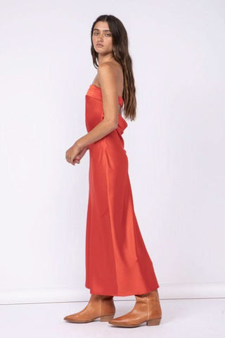 Red Satin Strapless Prom Dress with Cowl Back - Side View