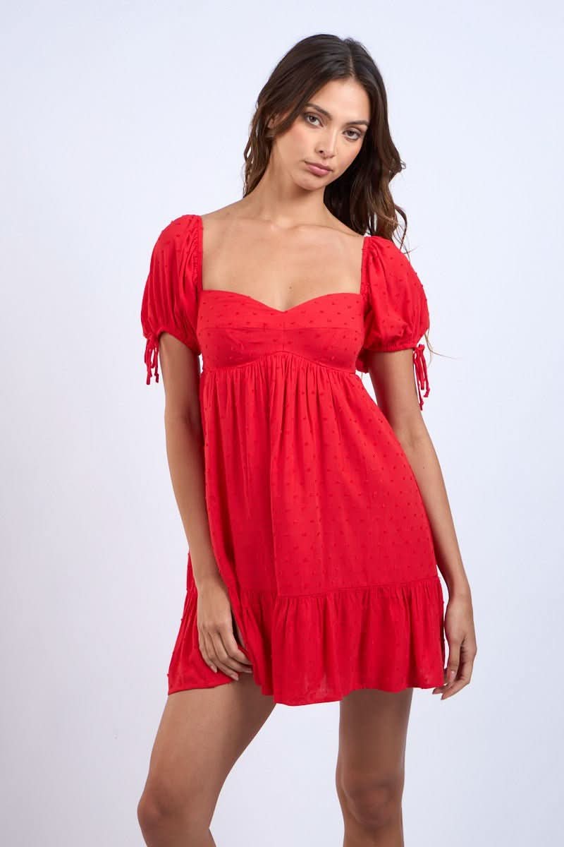 Red Short Puff Sleeve Babydoll Mini Dress | Boho Pink Red Short Puff Sleeve Babydoll Mini Dress | Boho Pink