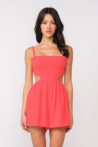 Molly Red Smocked Cutout Romper - Front View