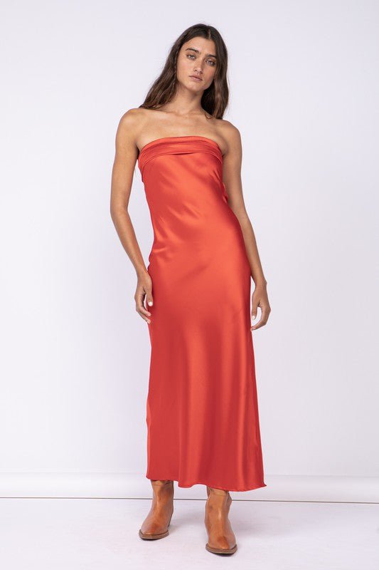 Red Satin Strapless Maxi Dress