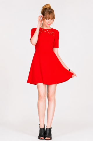Maggie Red Crochet Trim Skater dress outfit view