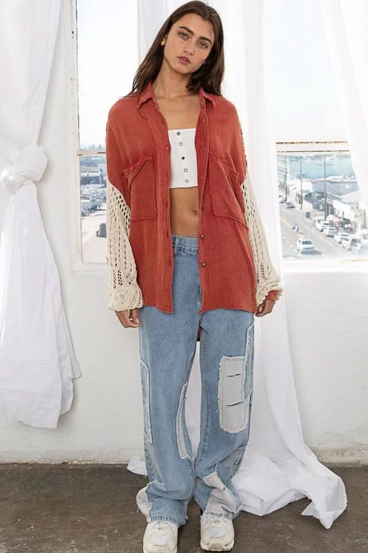 Lesley Dusty Red Crochet Sleeve Shirt Shacket