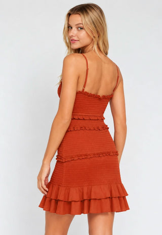 Rhea Terracotta Smocked Ruffle Mini Dress  - Back Angle