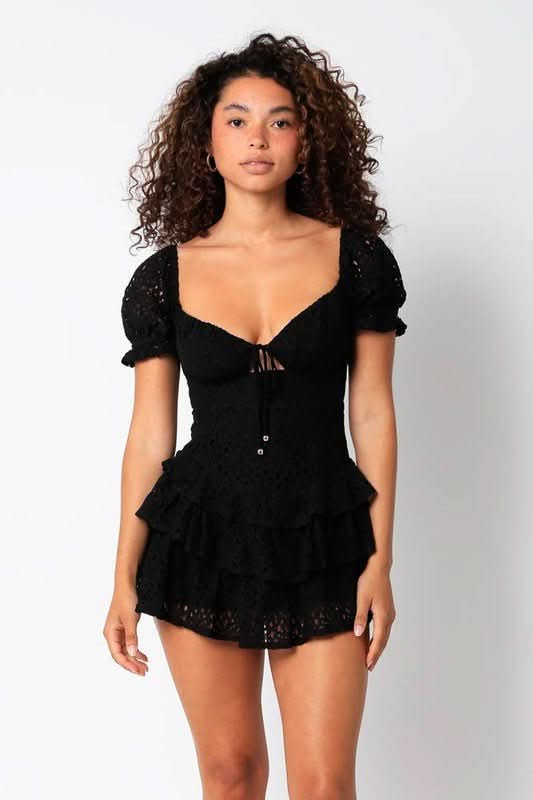 Black Lace Puff Sleeve Ruffle Mini Dress | Boho Pink Black Lace Puff Sleeve Ruffle Mini Dress | Boho Pink