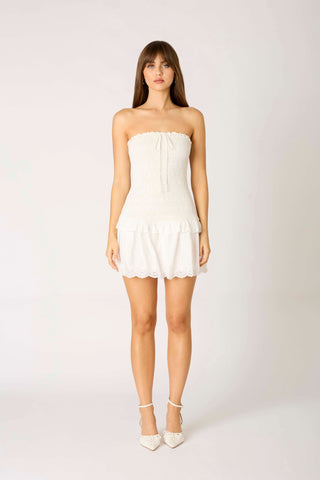 Rora White Eyelet Smocked Mini Dress, styled as a Unique Graduation Dress