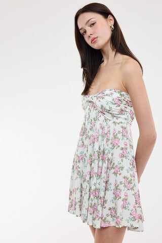 Strapless white and purple rose babydoll mini dress