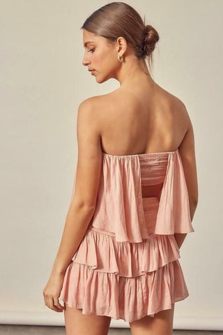 Rose strapless romper back view with layered ruffle skirt