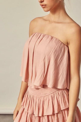 Rose strapless romper detail showing flowy overlay top