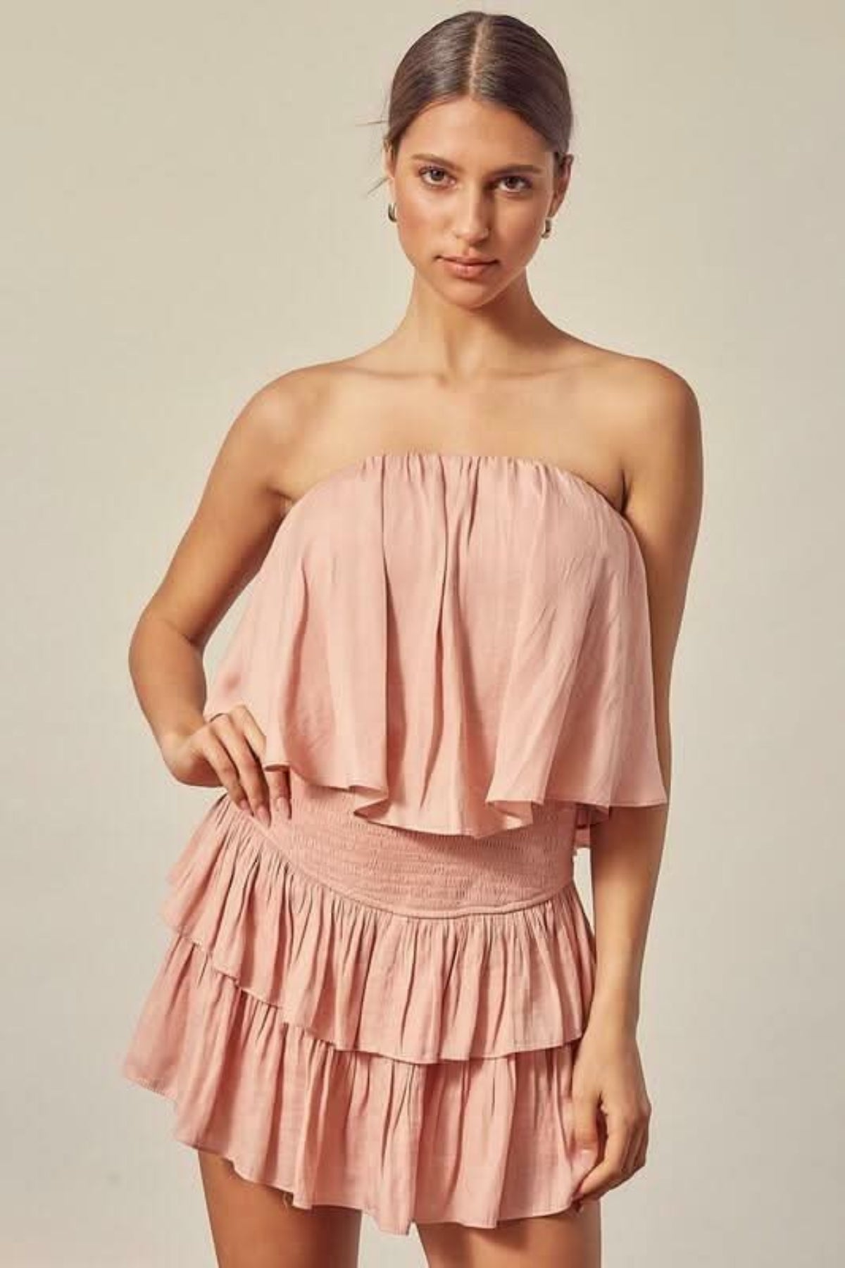 Rose Strapless Romper Dress – Flowy Ruffle Overlay Vacation Outfit | Mustard Seed