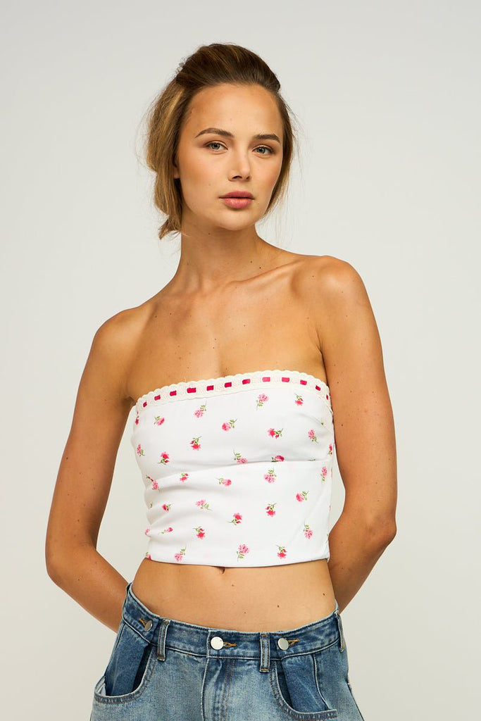 Floral Ribbon Trim Tube Top