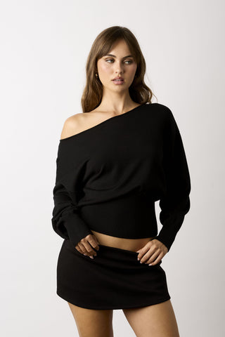 Roxie black off-the-shoulder asymmetric neck sweater top 