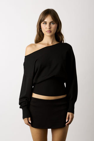 Roxie black off-the-shoulder sweater top front view