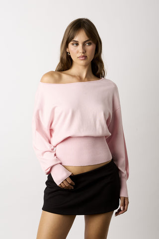 Roxie light pink off-the-shoulder asymmetric neck sweater top 