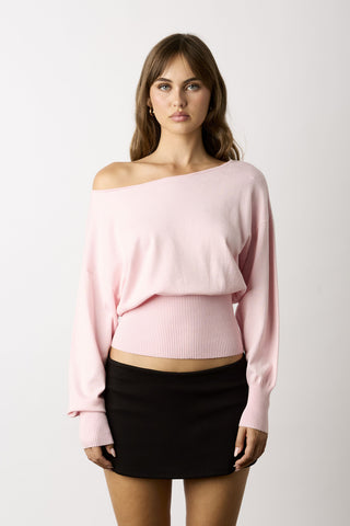 Roxie pink off-the-shoulder sweater top front view