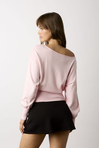 Roxie slouchy pink off-the-shoulder-sweater top angled back view