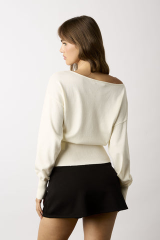 Roxie slouchy white off-the-shoulder-sweater top angled back view