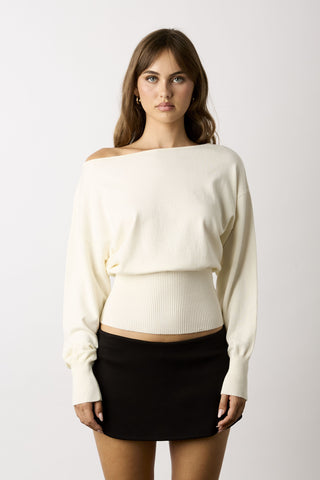 Roxie white off-the-shoulder asymmetric neck sweater top 