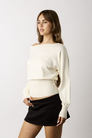 Roxie white off-the-shoulder-sweater top side view