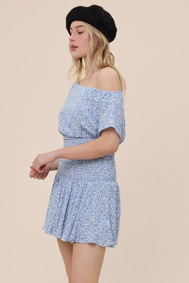 Blue Floral Smocked Drop Waist Mini Dress | Boho Pink Blue Floral Smocked Drop Waist Mini Dress | Boho Pink