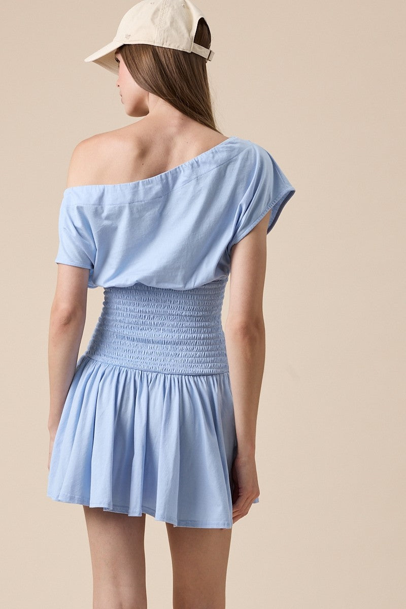 Light Blue Drop Waist Mini Dress With Sleeves
