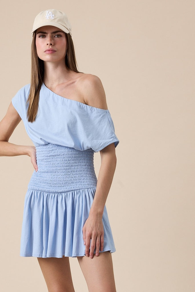 Roya Light Blue Drop Waist Mini Dress - Front View
