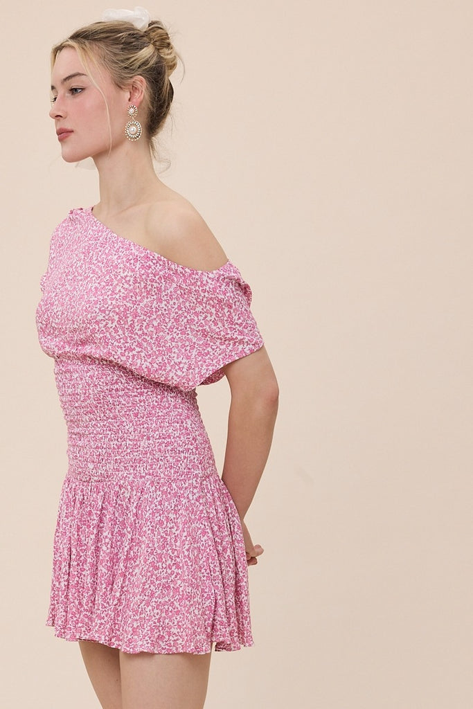 Pink Floral Off The Shoulder Dress Short