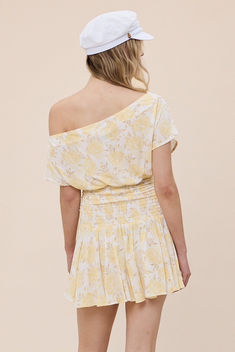 Yellow Floral Smocked Drop Waist Mini Dress | Boho Pink Yellow Floral Smocked Drop Waist Mini Dress | Boho Pink