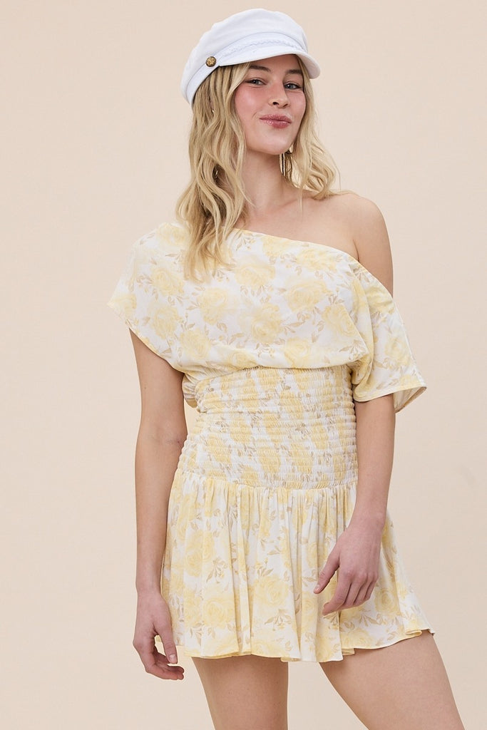 Yellow Floral Drop Waist Mini Dress