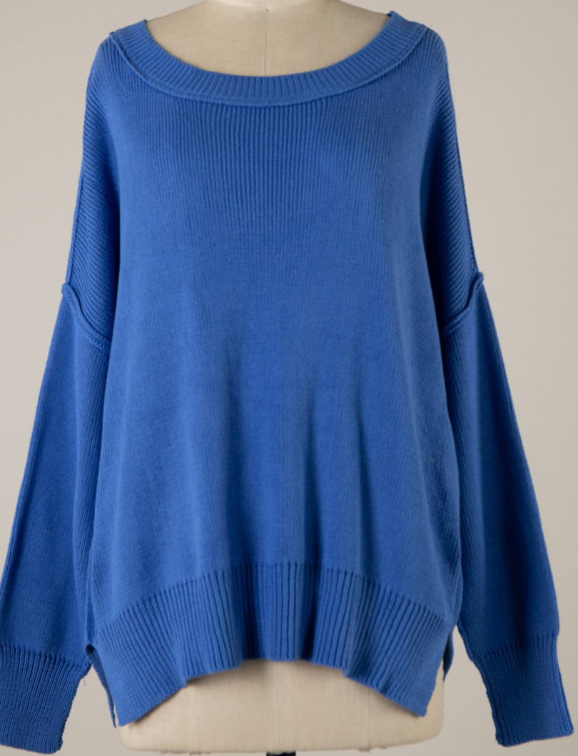 Royal Blue Sweater - Coffee Date Royal Blue Oversized Sweater - Detailed View
