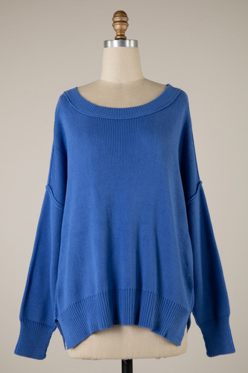 Blue Sweaters - Coffee Date Royal Blue Oversized Sweater - Front View