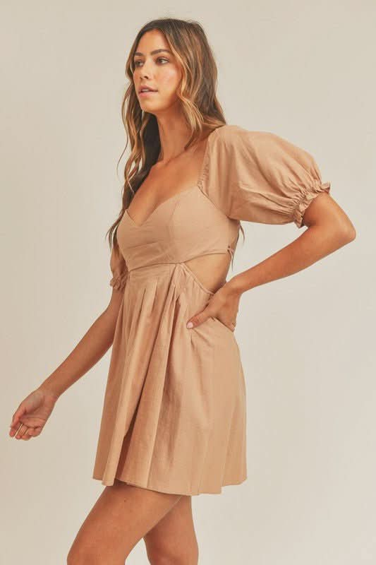 Mable Breaking Hearts Dusty Salmon Puff Sleeve Mini Dress - Size S - Sweetheart Neckline, Cutout Waist, Lace-Up Back Mable Breaking Hearts Dusty Salmon Puff Sleeve Mini Dress - Size S - Sweetheart Neckline, Cutout Waist, Lace-Up Back