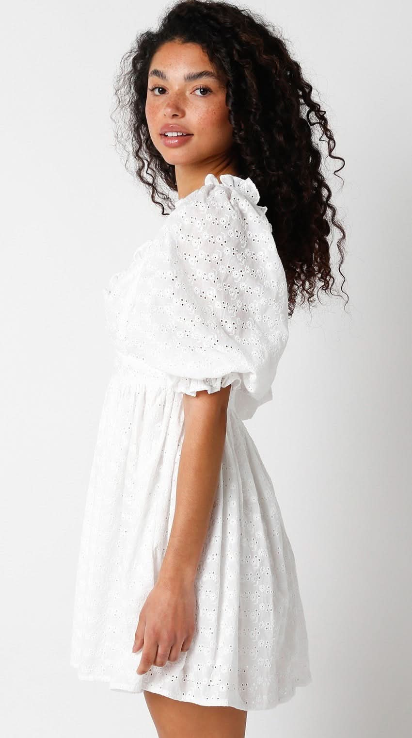 mini white dress with sleeves White Eyelet Puff Sleeve Babydoll Mini Dress