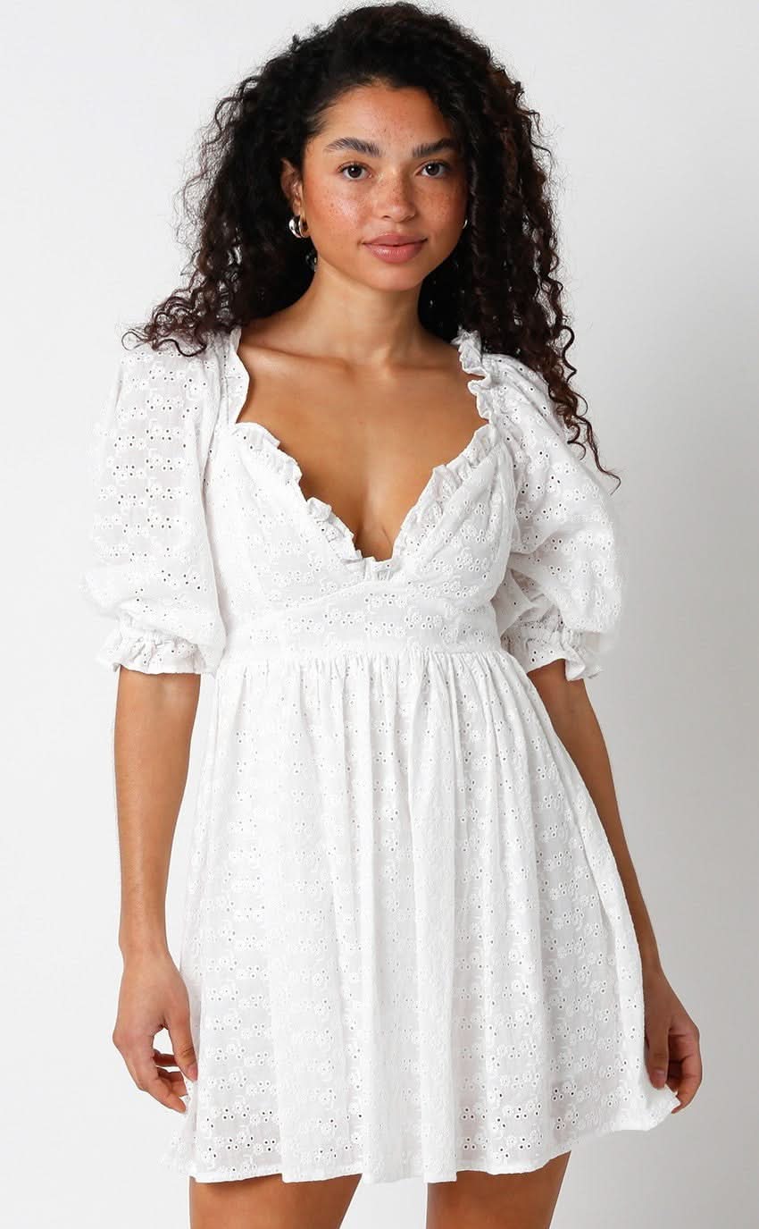 White Eyelet Puff Sleeve Babydoll Mini Dress | Boho Pink White Eyelet Puff Sleeve Babydoll Mini Dress | Boho Pink