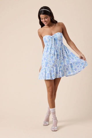 Model wearing ice blue floral graduation dress