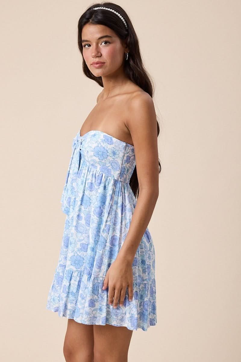 Women Blue Floral Strapless Mini Dress