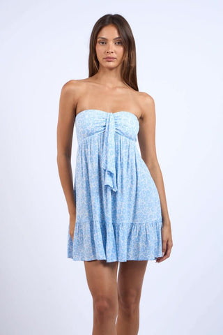 Sammie strapless mini dress in a soft blue and white cloud floral print with a tie front